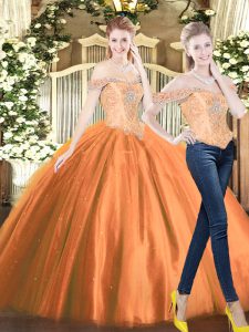 Fine Tulle Off The Shoulder Sleeveless Lace Up Beading 15th Birthday Dress in Orange Red
