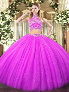 Custom Fit Lilac Two Pieces Tulle High-neck Sleeveless Beading Floor Length Backless 15 Quinceanera Dress