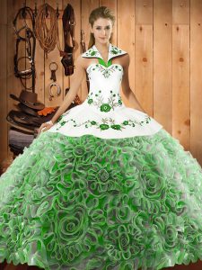 Charming Halter Top Sleeveless Sweep Train Lace Up Quinceanera Gown Multi-color Organza and Fabric With Rolling Flowers