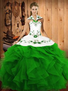 Latest Green Lace Up Quince Ball Gowns Embroidery and Ruffles Sleeveless Floor Length