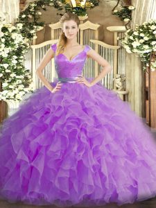 Lilac Quinceanera Gowns Military Ball and Sweet 16 and Quinceanera with Ruffles V-neck Sleeveless Zipper