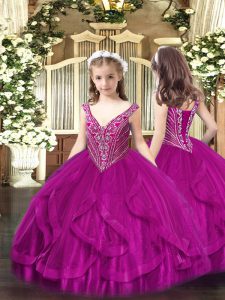 Beading and Ruffles Pageant Dress for Teens Fuchsia Lace Up Sleeveless Floor Length
