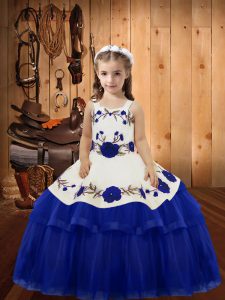 High Class Royal Blue Straps Neckline Embroidery and Ruffled Layers Little Girl Pageant Dress Sleeveless Lace Up