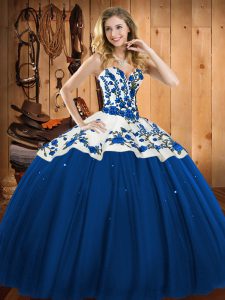 Enchanting Blue Sleeveless Satin and Tulle Lace Up Vestidos de Quinceanera for Military Ball and Sweet 16 and Quinceanera