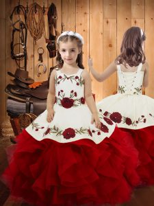 Customized Wine Red Lace Up Straps Embroidery and Ruffles Little Girls Pageant Dress Satin and Tulle Sleeveless