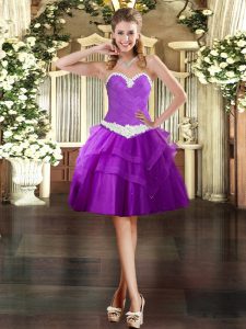 Purple Ball Gowns Sweetheart Sleeveless Tulle Mini Length Lace Up Appliques and Ruffled Layers Prom Party Dress