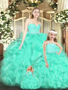 Glamorous Floor Length Lace Up Quinceanera Dresses Apple Green for Military Ball and Sweet 16 and Quinceanera with Lace and Ruffles