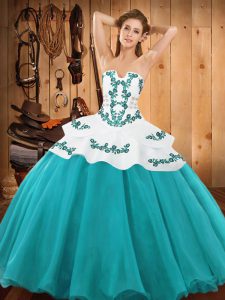 Floor Length Teal Quince Ball Gowns Strapless Sleeveless Lace Up
