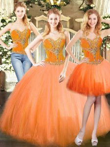 Beautiful Orange Red Three Pieces Tulle Sweetheart Sleeveless Beading Floor Length Lace Up Vestidos de Quinceanera