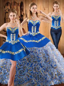 Adorable Strapless Sleeveless Satin and Fabric With Rolling Flowers Quinceanera Dresses Embroidery Sweep Train Lace Up