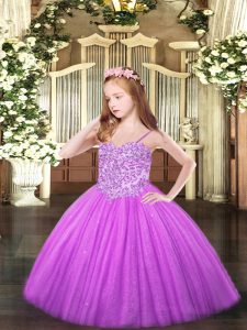 High Class Lilac Tulle Lace Up Pageant Dress Wholesale Sleeveless Floor Length Appliques