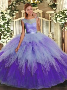 Tulle Scoop Sleeveless Backless Lace and Ruffles 15th Birthday Dress in Multi-color