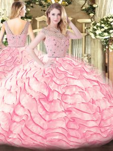 Clearance Baby Pink Zipper Vestidos de Quinceanera Beading and Ruffled Layers Sleeveless Sweep Train