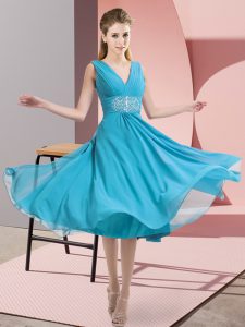 Aqua Blue Chiffon Side Zipper V-neck Sleeveless Knee Length Bridesmaid Gown Beading