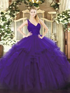Customized Purple Sleeveless Organza Backless Vestidos de Quinceanera for Military Ball and Sweet 16 and Quinceanera