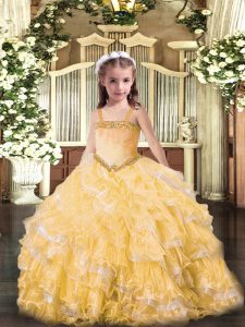 Straps Sleeveless Lace Up Pageant Gowns Gold Organza