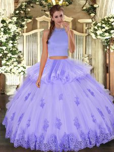 Lavender Quinceanera Dresses Military Ball and Sweet 16 and Quinceanera with Beading and Appliques and Ruffles Halter Top Sleeveless Backless