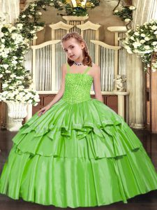 Yellow Green Sleeveless Floor Length Beading and Ruffled Layers Lace Up Kids Pageant Dress