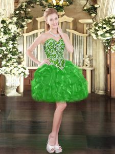 Sleeveless Mini Length Beading and Ruffles Lace Up Prom Gown with Green
