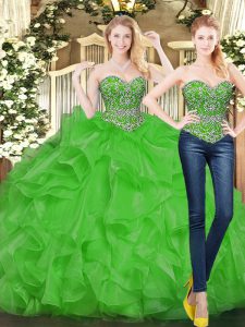 High Class Green Ball Gowns Beading and Ruffles Quince Ball Gowns Lace Up Tulle Sleeveless Floor Length