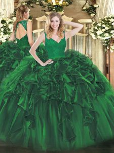Free and Easy Floor Length Backless Sweet 16 Dress Dark Green for Military Ball and Sweet 16 and Quinceanera with Beading and Lace and Ruffles
