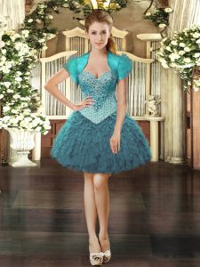 Suitable Teal Sweetheart Neckline Beading and Ruffles Homecoming Dress Sleeveless Lace Up