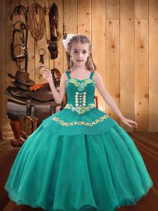 Teal Ball Gowns Organza Straps Sleeveless Embroidery and Ruffles Lace Up Pageant Dress for Teens