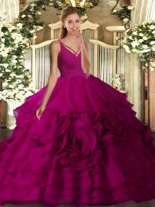 Colorful V-neck Sleeveless Fabric With Rolling Flowers Quinceanera Gown Ruching Backless