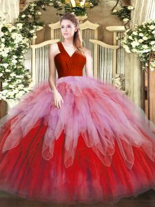 Ball Gowns Sweet 16 Dress Multi-color V-neck Organza Sleeveless Floor Length Zipper