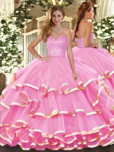 Fine Rose Pink Sweetheart Neckline Ruffled Layers Quinceanera Gowns Sleeveless Lace Up