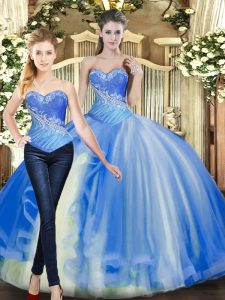 Baby Blue Ball Gowns Beading Quinceanera Gowns Lace Up Tulle Sleeveless Floor Length