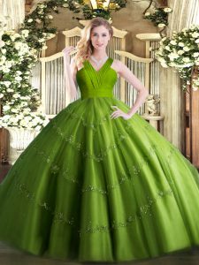Amazing Olive Green Ball Gowns Tulle V-neck Sleeveless Beading Floor Length Zipper Quince Ball Gowns