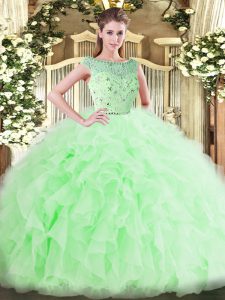 Traditional Tulle Bateau Sleeveless Zipper Beading and Ruffles 15 Quinceanera Dress in Apple Green