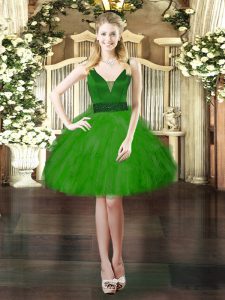 Tulle V-neck Sleeveless Lace Up Beading and Ruffles Prom Party Dress in Green