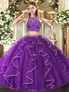 Purple Sleeveless Floor Length Beading and Ruffles Zipper Ball Gown Prom Dress