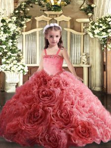 Super Coral Red Sleeveless Fabric With Rolling Flowers Lace Up Pageant Dress for Womens for Party and Quinceanera