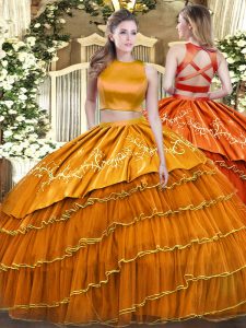 Attractive Orange Criss Cross Sweet 16 Dress Ruffled Layers Sleeveless Floor Length