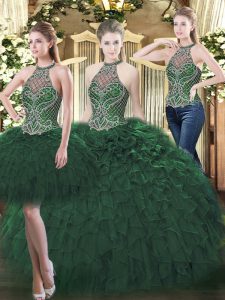 Dark Green Three Pieces High-neck Sleeveless Organza Floor Length Lace Up Beading and Ruffles Quinceanera Gown