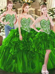 Customized Dark Green Sleeveless Floor Length Beading and Ruffles Lace Up Ball Gown Prom Dress