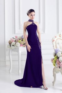 Flare Purple Halter Top Neckline Beading Dress for Prom Sleeveless Lace Up