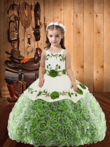 Custom Fit Multi-color Sleeveless Floor Length Embroidery and Ruffles Lace Up Little Girls Pageant Gowns