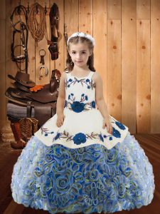 Sleeveless Fabric With Rolling Flowers Floor Length Lace Up Pageant Dress in Multi-color with Embroidery and Ruffles