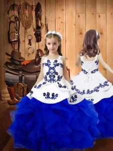 Sleeveless Floor Length Embroidery and Ruffles Lace Up Girls Pageant Dresses with Royal Blue