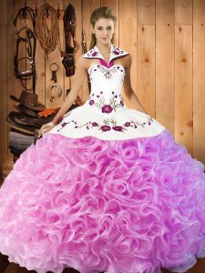 Rose Pink Ball Gowns Embroidery Sweet 16 Dress Lace Up Fabric With Rolling Flowers Sleeveless Floor Length