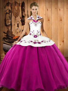 Dazzling Halter Top Sleeveless Lace Up Ball Gown Prom Dress Fuchsia Satin and Tulle