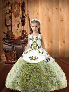 Fancy Multi-color Lace Up Straps Embroidery Little Girl Pageant Gowns Fabric With Rolling Flowers Sleeveless
