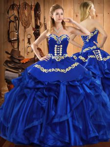 Comfortable Satin and Organza Sleeveless Floor Length Quince Ball Gowns and Embroidery and Ruffles