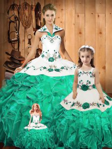 Romantic Halter Top Sleeveless Tulle Sweet 16 Quinceanera Dress Embroidery and Ruffles Lace Up