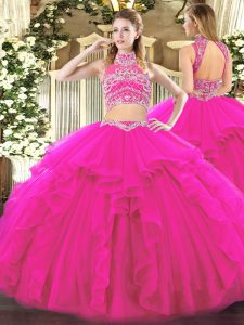 High-neck Sleeveless Tulle Quinceanera Dresses Beading and Ruffles Backless