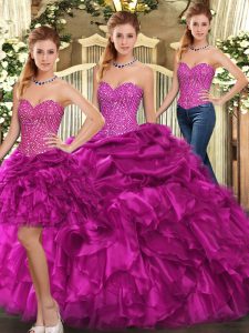 Fuchsia Organza Lace Up Quinceanera Gown Sleeveless Floor Length Beading and Ruffles